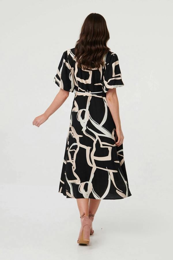 Black | Geo Print Puff Sleeve Tie Midi Dress