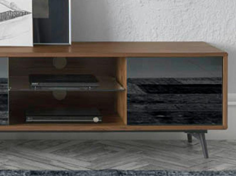 Angel Cerdá Mirror Effect Black Glass, Walnut and Black Steel TV Unit 3048