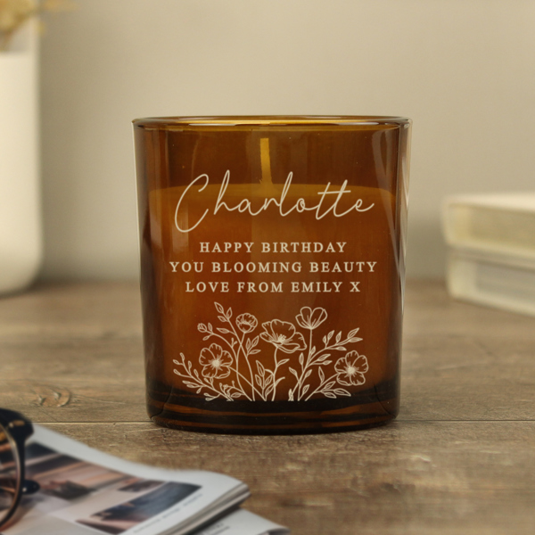 Personalised Memento Company Personalised Wild Flowers Amber Glass Candle