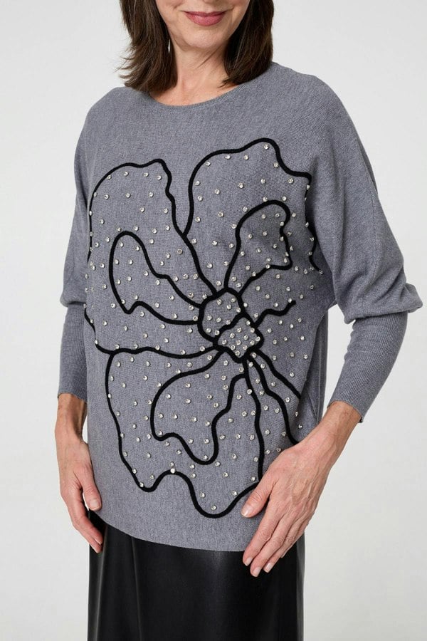 Grey | Sparkle Floral Trim Batwing Sleeve Top
