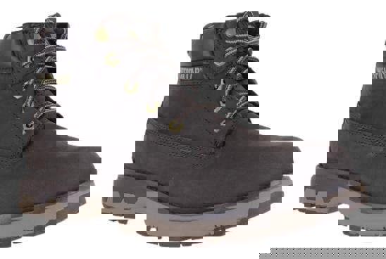 Caterpillar Persue Mid Mens Casual Lace Up Leather Ankle Boots, black leather ankle boot with gray laces and rugged sole.