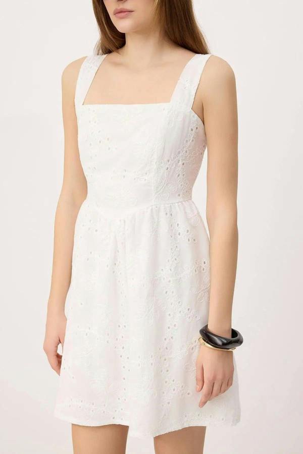 Square Neck Wide Strap Skater Mini Broderie Dress