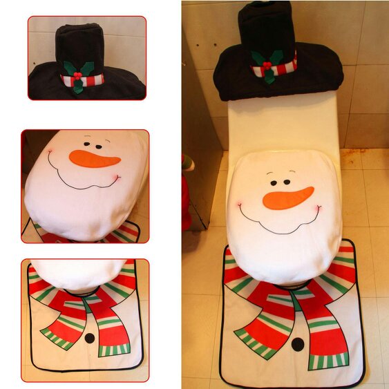 Shatchi Standard Size Christmas Toilet Seat Cover and Bathroom Mat Set, White Snowman Style, 3 Piece Decor