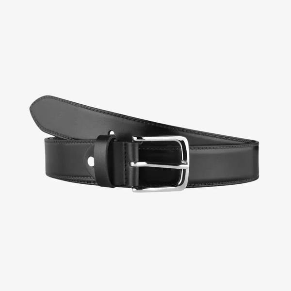 Black leather belt with a silver buckle on a white background