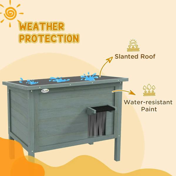 Charcoal gray wooden cat house with slanted roof and water-resistant painted finish