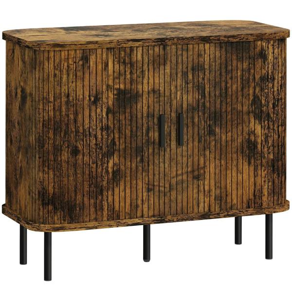 Rustic brown mid-century sideboard cabinet with slatted tambour doors and steel legs