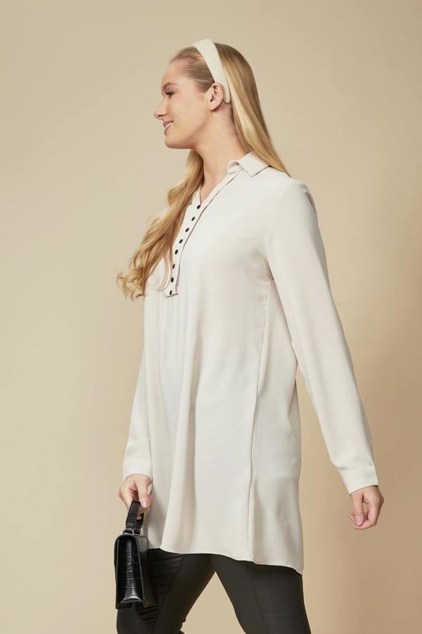 Hoxton Gal Tunic Shirt with Button Details in Beige