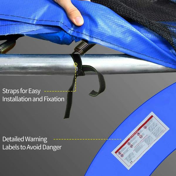Blue trampoline pad with black tie straps for securing to the frame