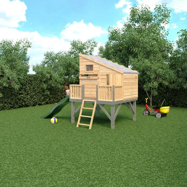 Shire Command post on platform with Slide 6x4 Childrens Playhouse with 12mm Shiplap interlocking cladding