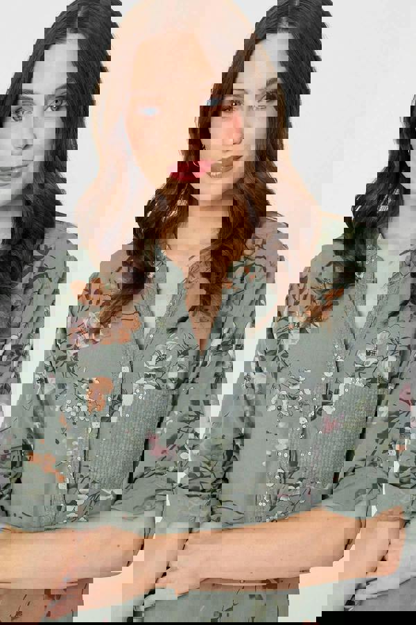 Khaki | Sequin Trim V-Neck Relaxed Blouse