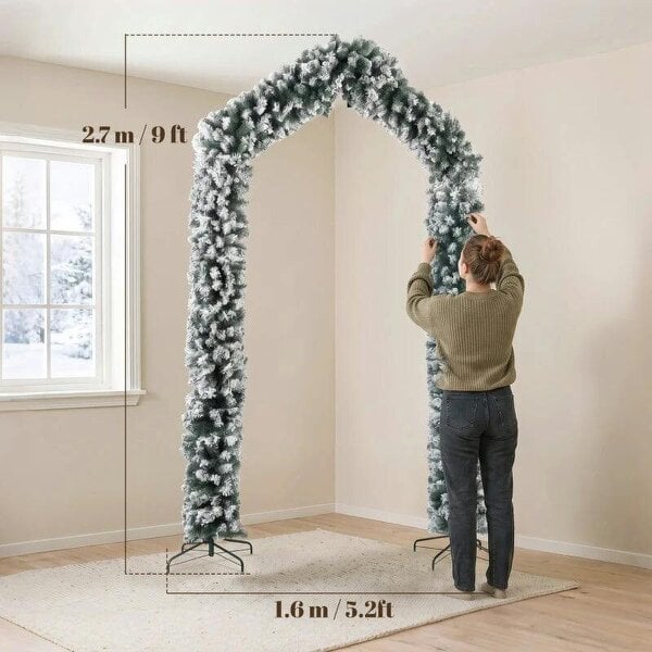 Bobobiy 9ft Flocked Snow Christmas Tree Arch, Christmas Single Arch Doorway Decor with 1400 Branch Tips and Steel Stand, Green