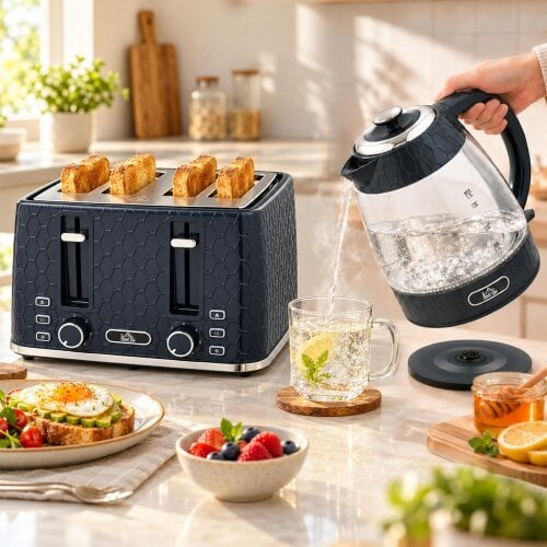 HOMCOM Kettle and Toaster Set, 1.7L 3000W Rapid Boil Jug Kettle, Blue