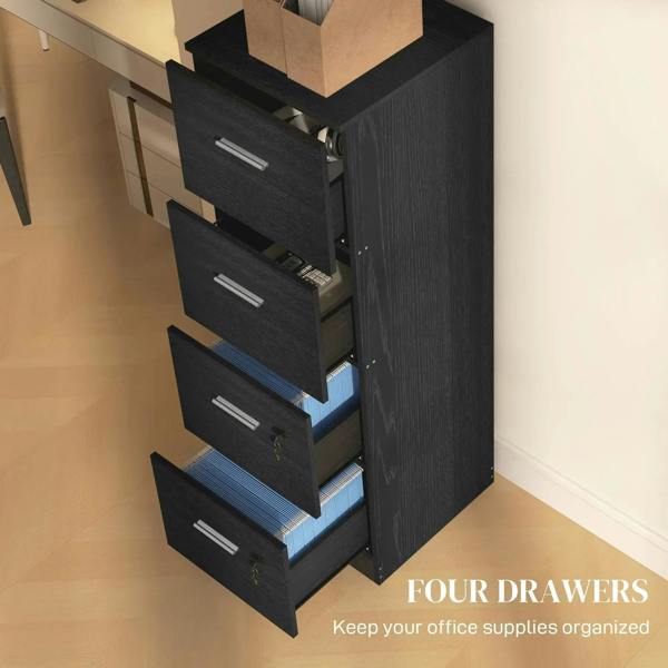 Black lockable filing cabinet with four drawers pulled open, showing hanging file space