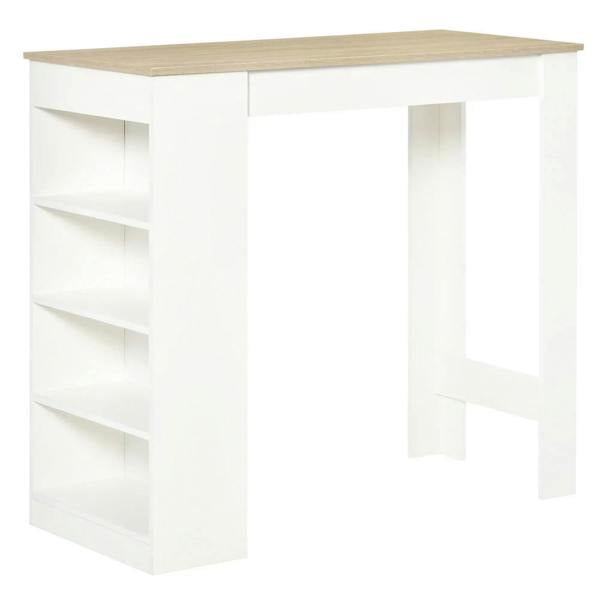 Bar table with natural wood top and white 4-tier open storage shelf on the side.