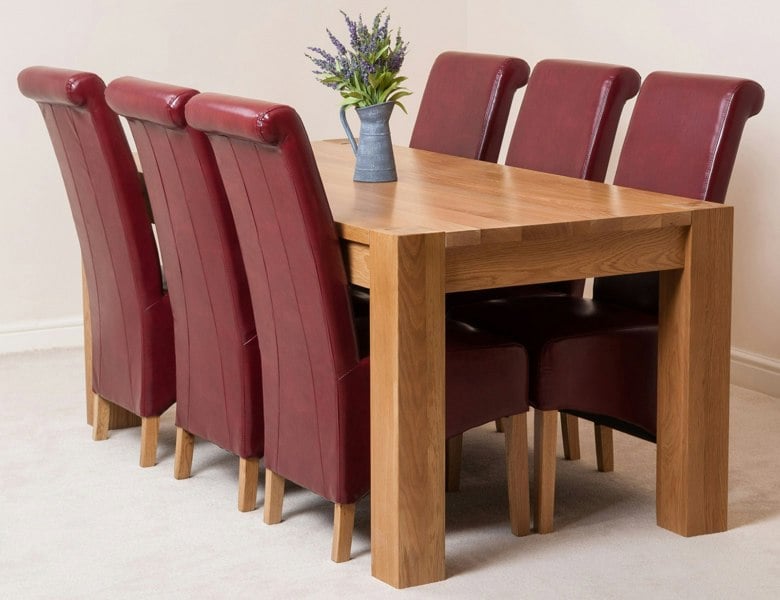 That's Furniture Kuba Large Oak Dining Table with 6 Montana Burgundy Leather Chairs
