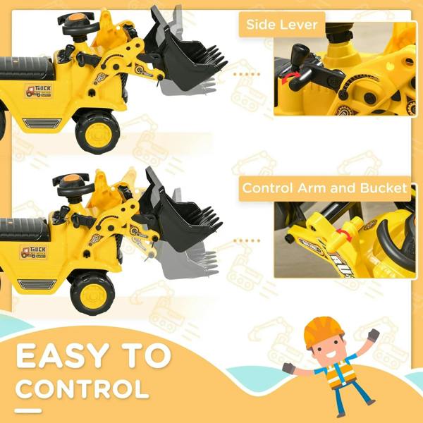 Yellow ride-on bulldozer toy showing side lever controls and black bucket