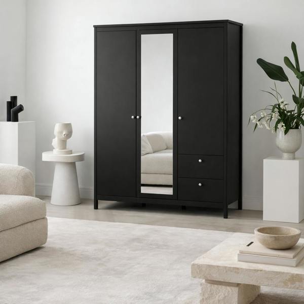 Wyld Haus Gossmere Matt Black Wardrobe 3 Doors 2 Drawers