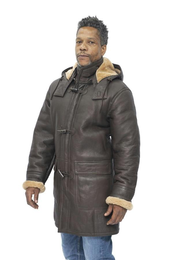 Infinity Leather Mens Sheepskin Leather Hooded Duffle Coat-Leatherhead