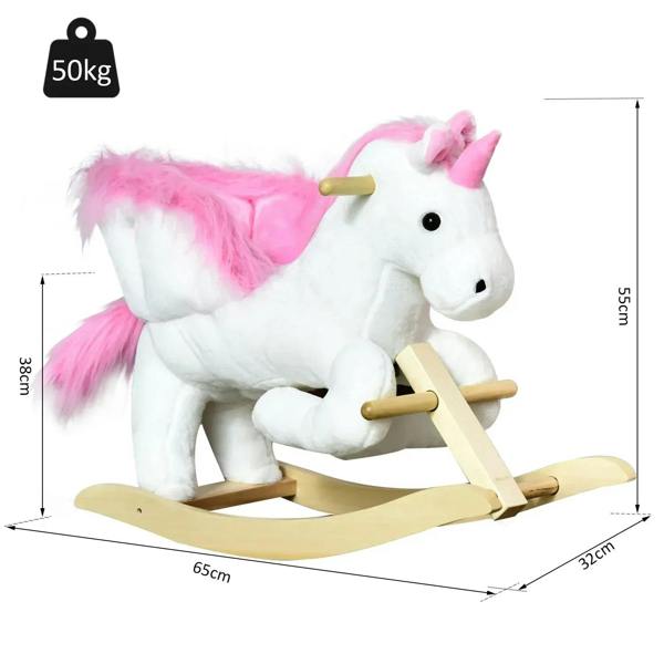 Pink and white plush unicorn rocking horse with wooden base; size labeled