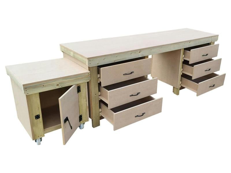Wooden MDF Top Workbench (V.5) – Sturdy Workstation with Drawers and Functional Lockable Cupboard, Ideal for Garages, Workshops, and Studios.