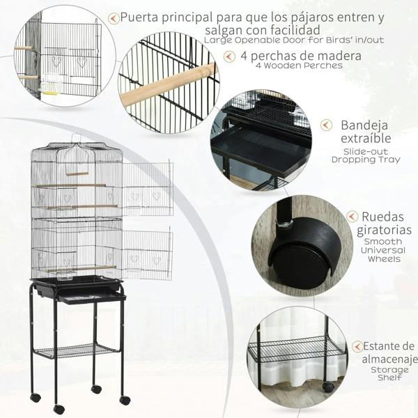 Black bird cage with wooden perches, slide-out dropping tray, and wheeled base