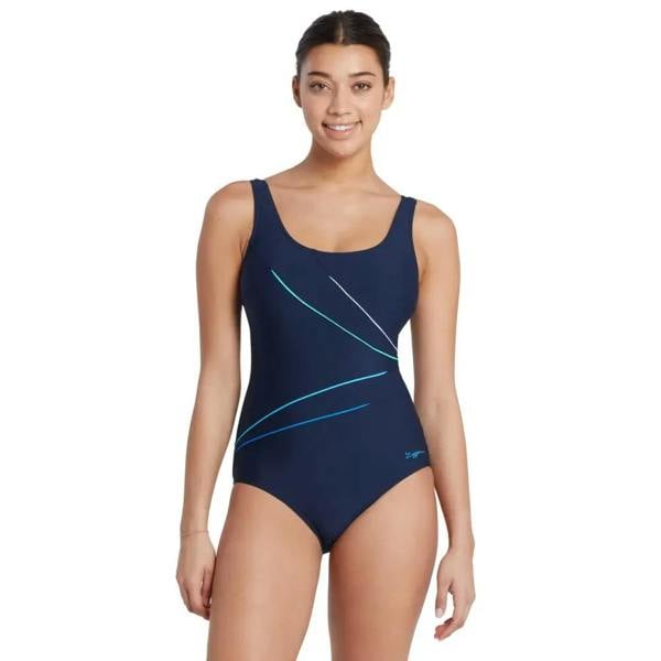 Navy blue Zoggs Macmasters Scoopback Swimsuit with teal accents