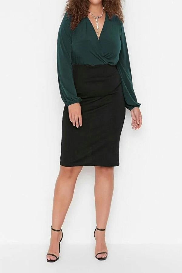 WOVCOR Balloon Sleeve Wrap Collar Knitted Blouse