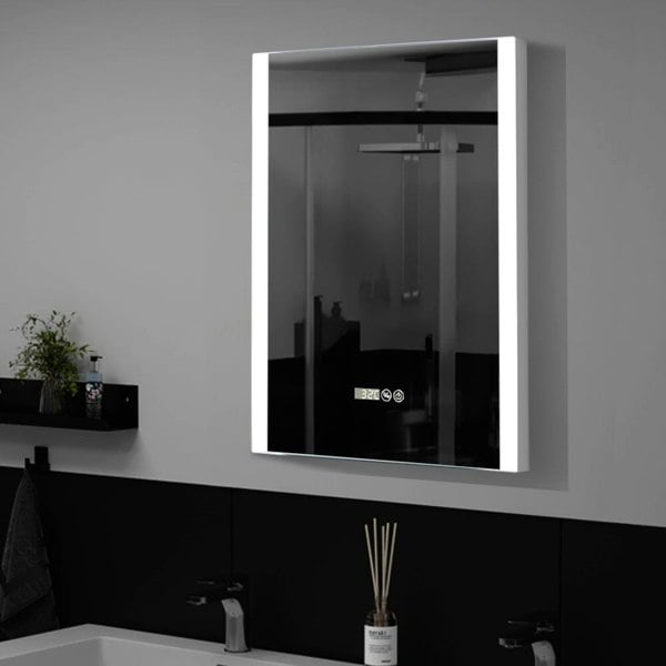 Anti-Fog Aluminum LED Touch Switch Bathroom Vanity Mirror with Clock Bathroom Mirrors Living and Home Double Vertical Bar LED
