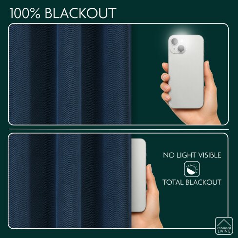 Enhanced Living Navy Herringbone Jacquard Blackout Eyelet Curtains - Bedroom & Living Room