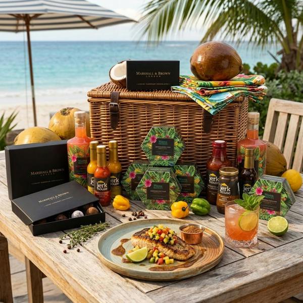 The Reggae Gold luxury Caribbean food hamper displayed on a rustic wooden table overlooking a tropical beach setting with fresh food, rum punch, and chocolates.