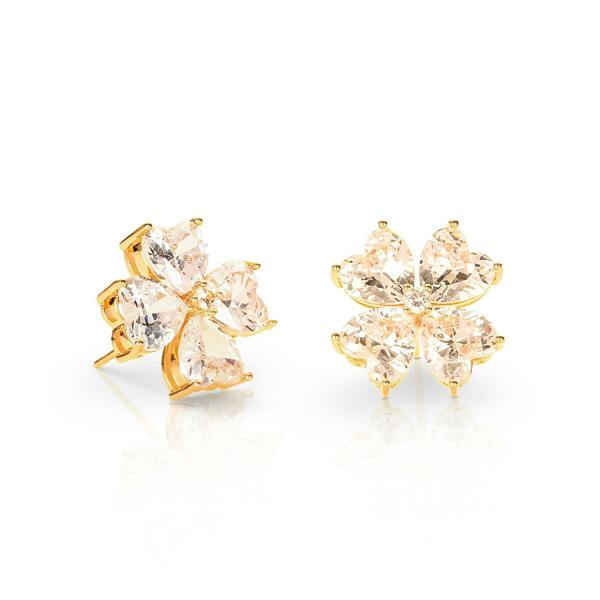 Zavana Gold Large Clover Stud Earrings With Heart Shaped CZ Stones