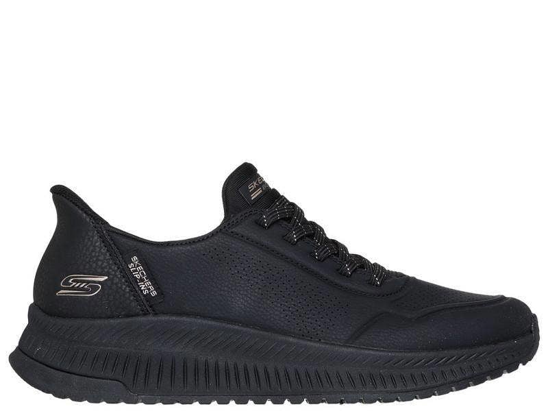 Skechers Bobs Squad 4 Key Lock Womens Slip Ins Trainers, black athletic sneakers with lace-up design and cushioned sole.