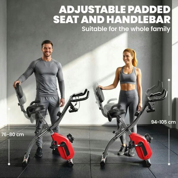 4-In-1 Folding Exercise Bike with Resistance Bands, Bluetooth App, 8-Level Magnetic Resistance, LCD Display, Red