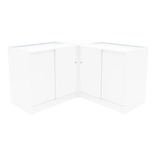 White Apollo LED shop counter set featuring a sleek, modern design with two K900 display units and glass tops for visibility