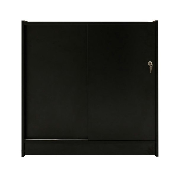 Sleek black LED retail shop counter C900 with a smooth finish, sliding doors, and a key lock for secure storage
