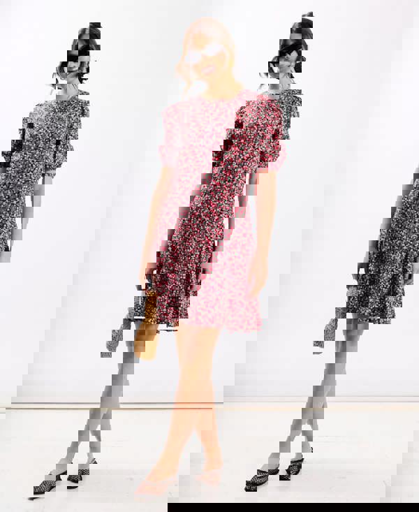 Red Floral Puff Sleeve Mini Dress