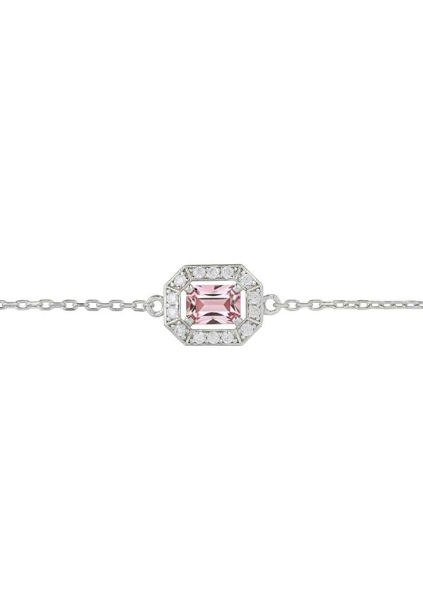 Silver bracelet with a pink gemstone on a white background