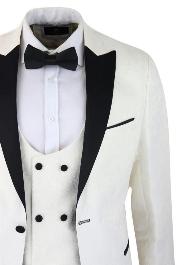 TruClothing Mens Beige Tuxedo Blazer Waistcoat Brocade Ivory Satin Paisley Dinner Jacket