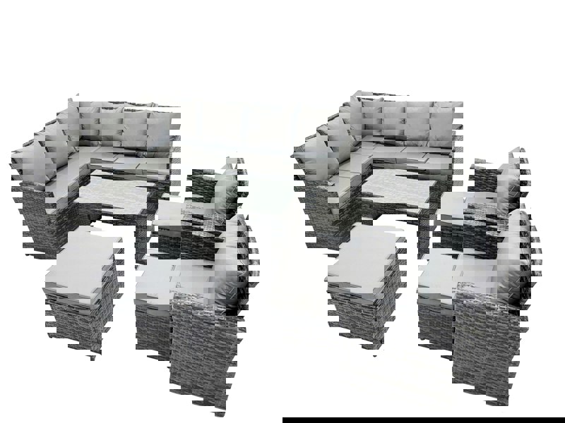 Fimous 11 Seat Poly Rattan Outdoor Patio Oblong Coffee Table Corner Sofa Set with 3 Stools 2 Chairs for Garden Backyard Dark Grey Mixed