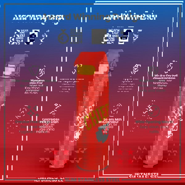 A red, slim stainless steel water bottle, featuring a Kansas City Chiefs design, displays a hide-away handle and hygiene-focused features. The bottle is advertised as an award-winning design.