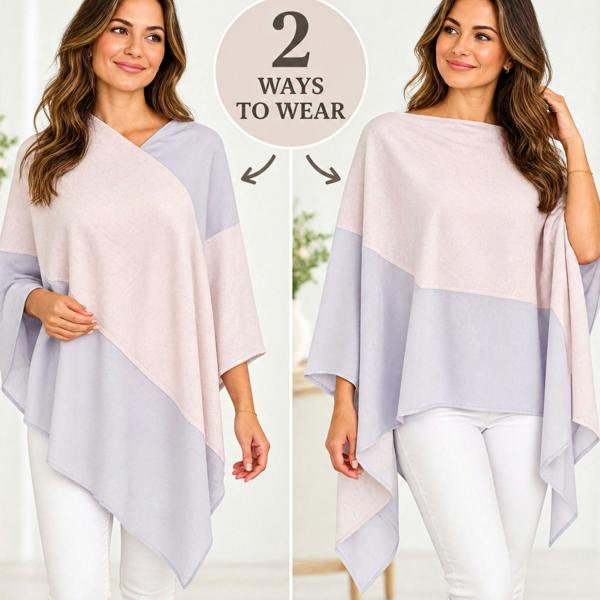 Love EMVY Two Tone Poncho Shawl Wrap with Chiffon – 2 Ways to Wear - Mauve