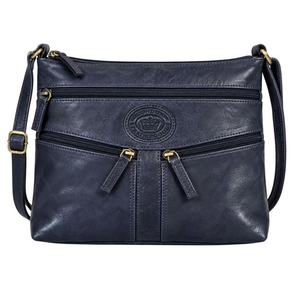 London Leathergoods Leather Multi Pocket Crossbody Bag with 3 Front Zips