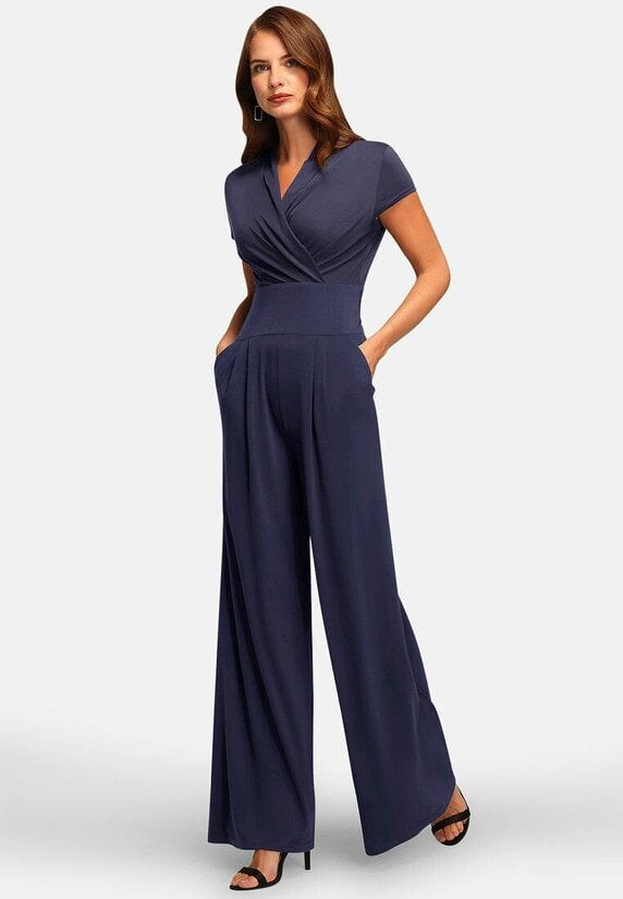 HotSquash V Neck Wide Leg Jumpsuit with Cap Sleeves