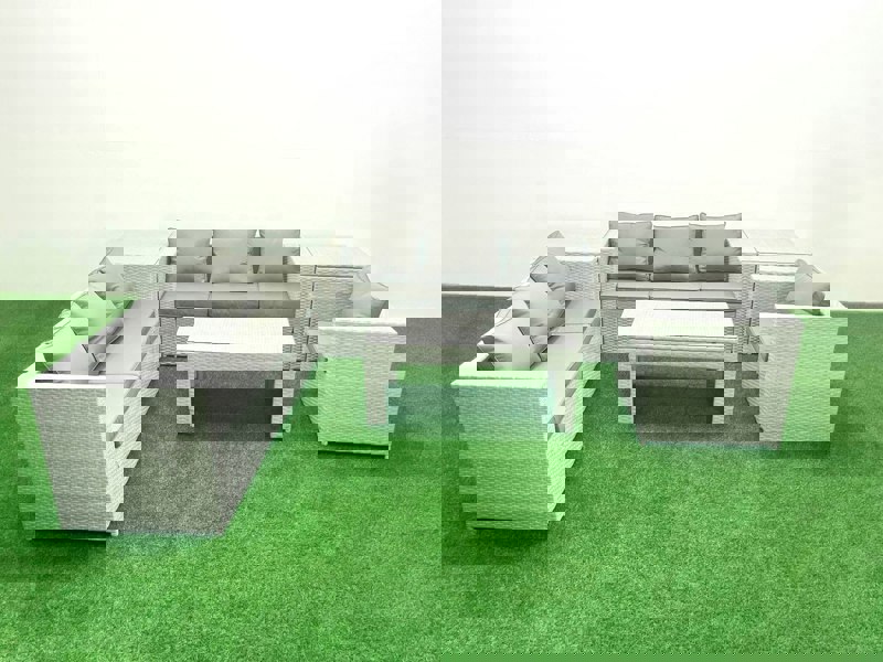 Fimous Wicker PE Rattan Sofa Garden Furniture Set with Oblong Coffee Table Armchair 2 Side Tables Light Grey Mixed