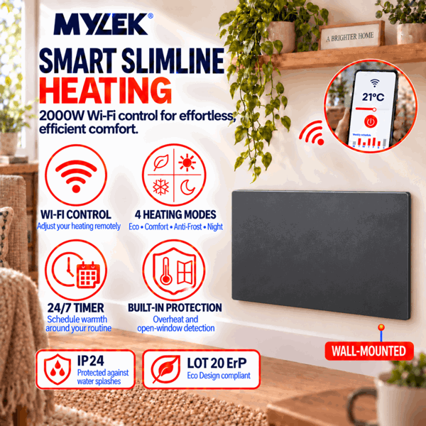 MYLEK Electric Radiator Panel Heater Grey WIFI Smart APP Eco 2000W Bathroom Safe Wall Mounted Timer Thermostat
