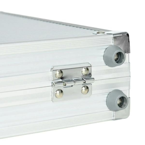 Close-up of aluminum poker case latch and gray corner side supports