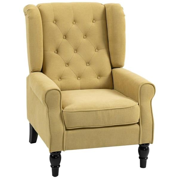 Yellow wingback accent chair with button-tufted back and rolled arms, upholstered.