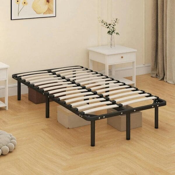3ft Single Bed Frame, Metal Platform Bed Frame with 2 x 14 Wood Slats, No Box Spring Needed, Underbed Storage, Black - Black