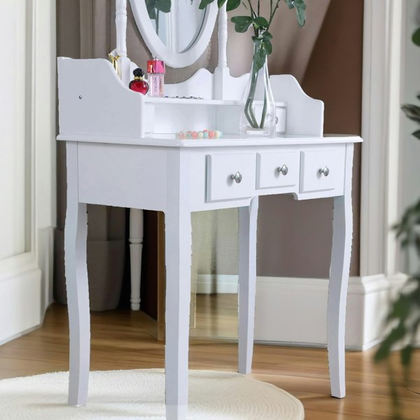 Rafaelo Mobilia 5 Drawer White Dressing Table With Round Mirror And Stool