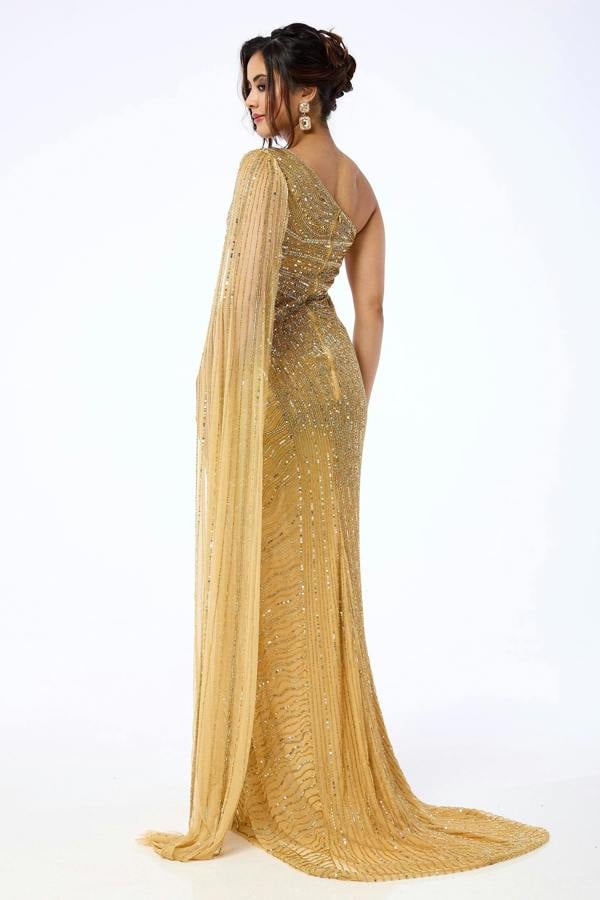 LuvForever Orelena - Gold One Shoulder Drape Sequin Maxi Dress